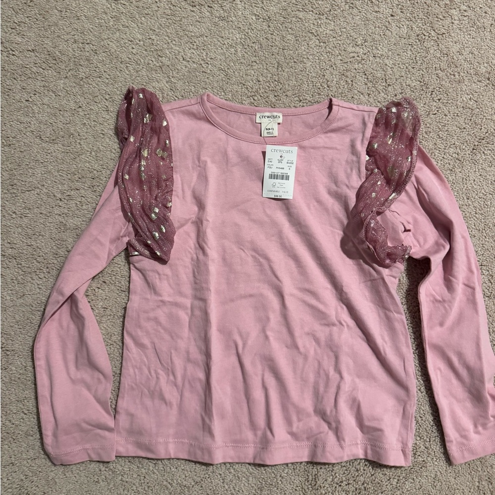Crewcuts Pink Long Sleeve Top with Glittery Mesh